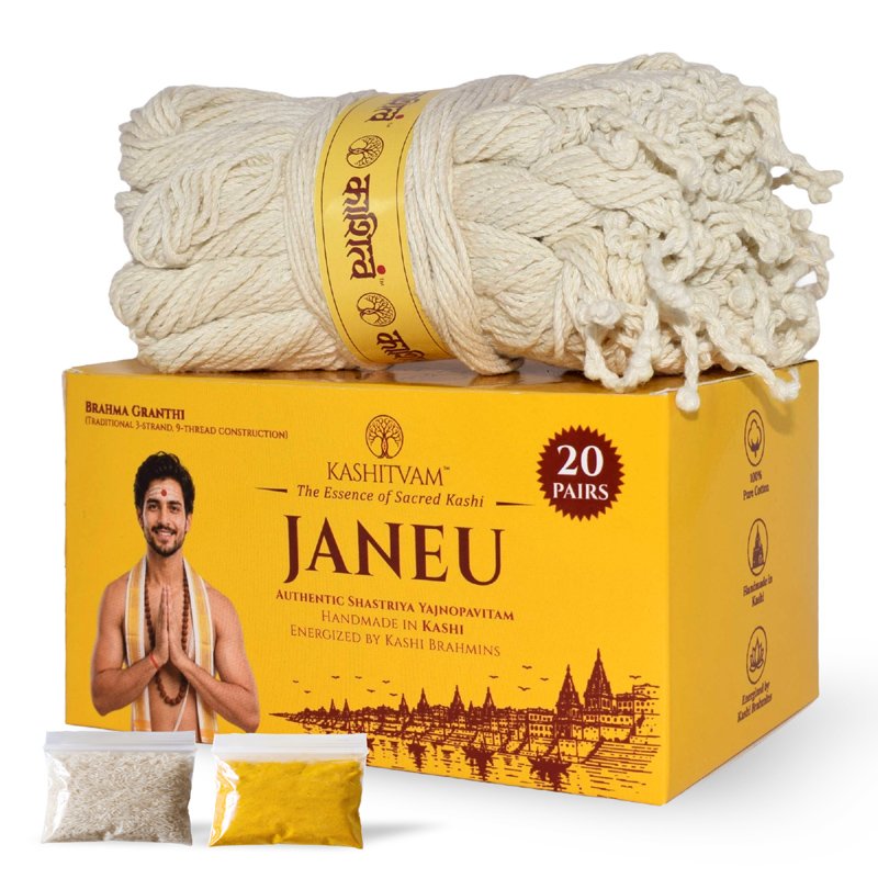 Kashitvam janeu thread pack of 40, white cotton sacred threads on a plain background