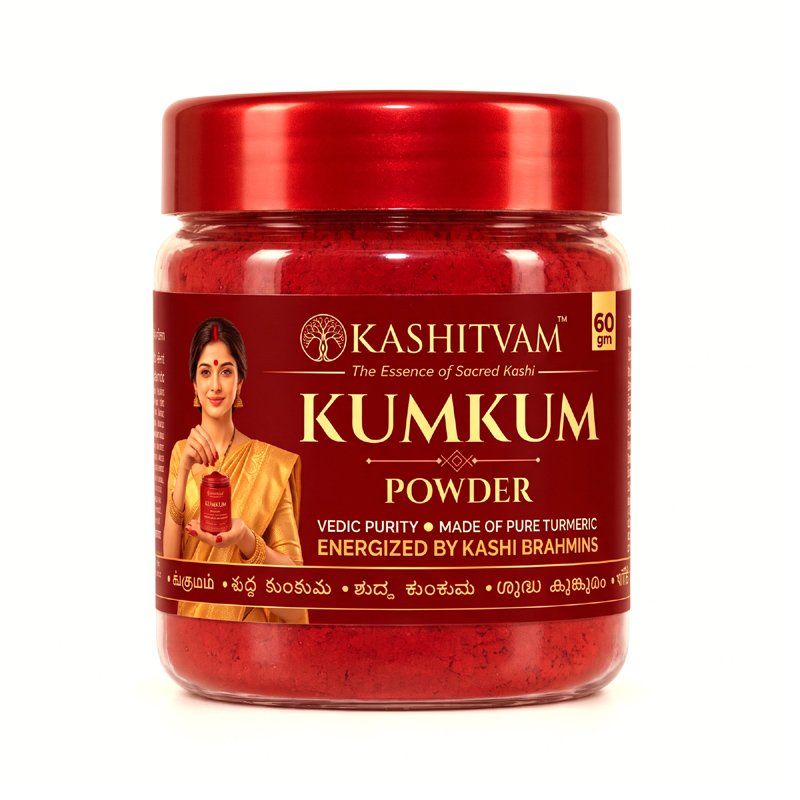Kashitvam red kumkum powder 50 g jar on a white background