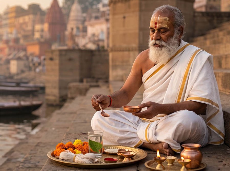 Vedic Purohit performing a sacred ritual in Kashi