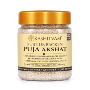 Kashitvam Pure Unbroken Puja Akshat (Akhandit Chawal) 80gm jar featuring 100% unbroken Sonachoor pooja rice.